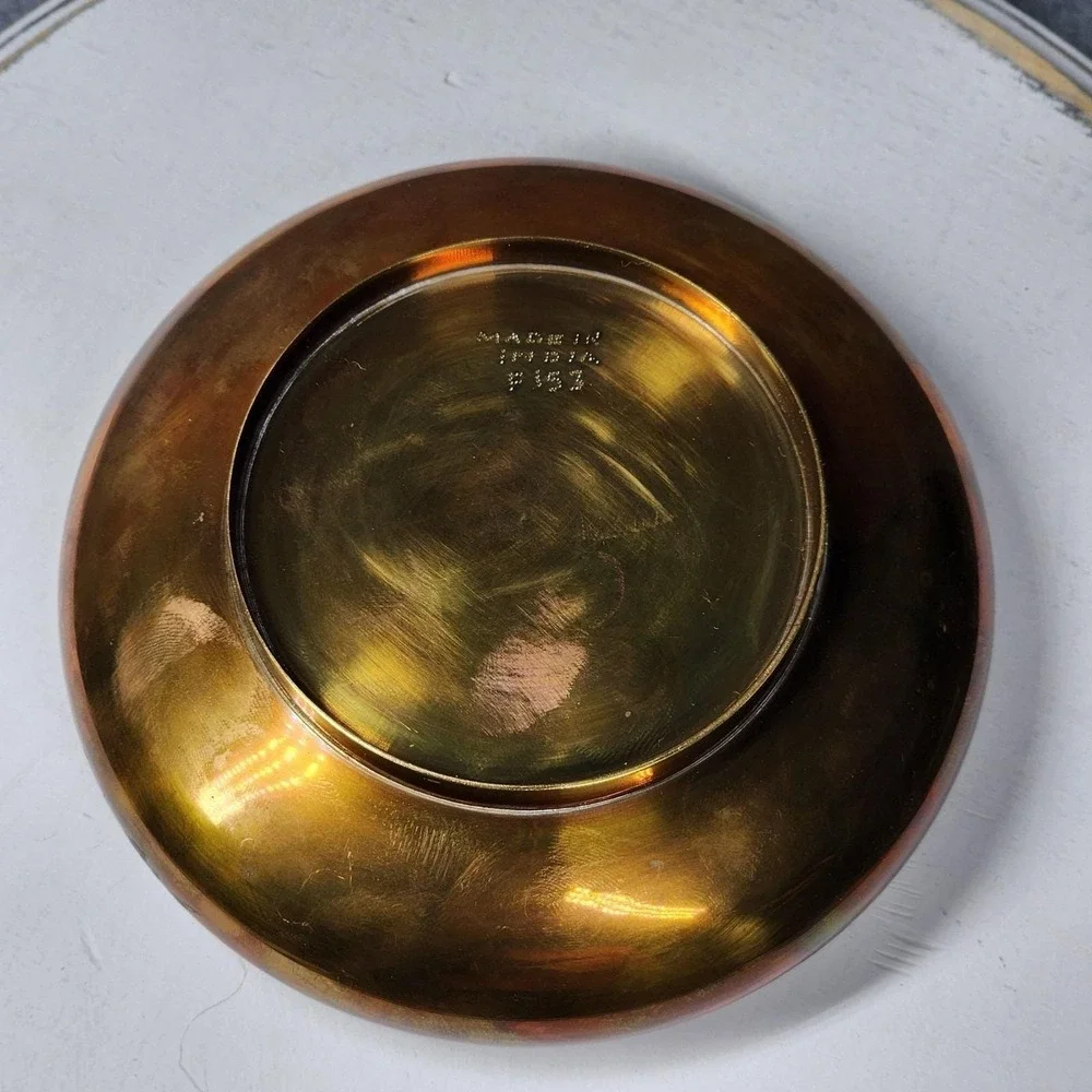 Vintage Brass Copper Flower Pot Frog‎ Bowl 4in Gold Metal Engraved India 80s